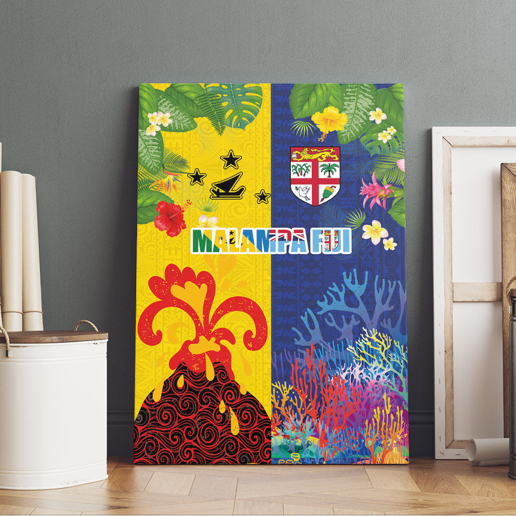 Malampa Fiji Day Canvas Wall Art Volcano and Coral Reef with Culture Patterns Split Style
