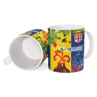 Malampa Fiji Day Ceramic Mug Volcano and Coral Reef with Culture Patterns Split Style