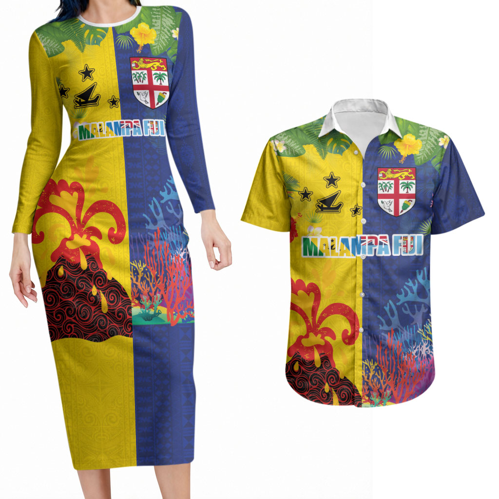 Malampa Fiji Day Couples Matching Long Sleeve Bodycon Dress and Hawaiian Shirt Volcano and Coral Reef with Culture Patterns Split Style