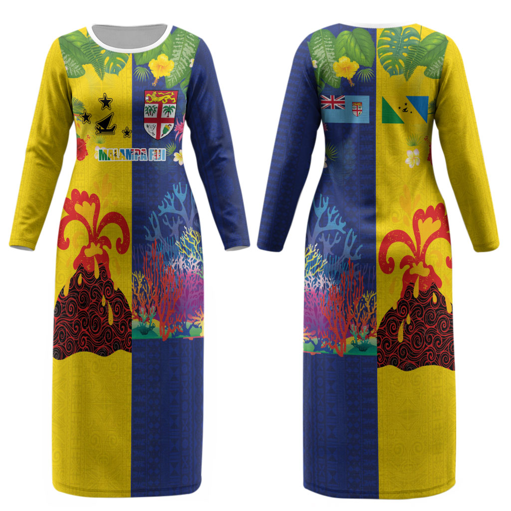 Malampa Fiji Day Couples Matching Long Sleeve Bodycon Dress and Hawaiian Shirt Volcano and Coral Reef with Culture Patterns Split Style