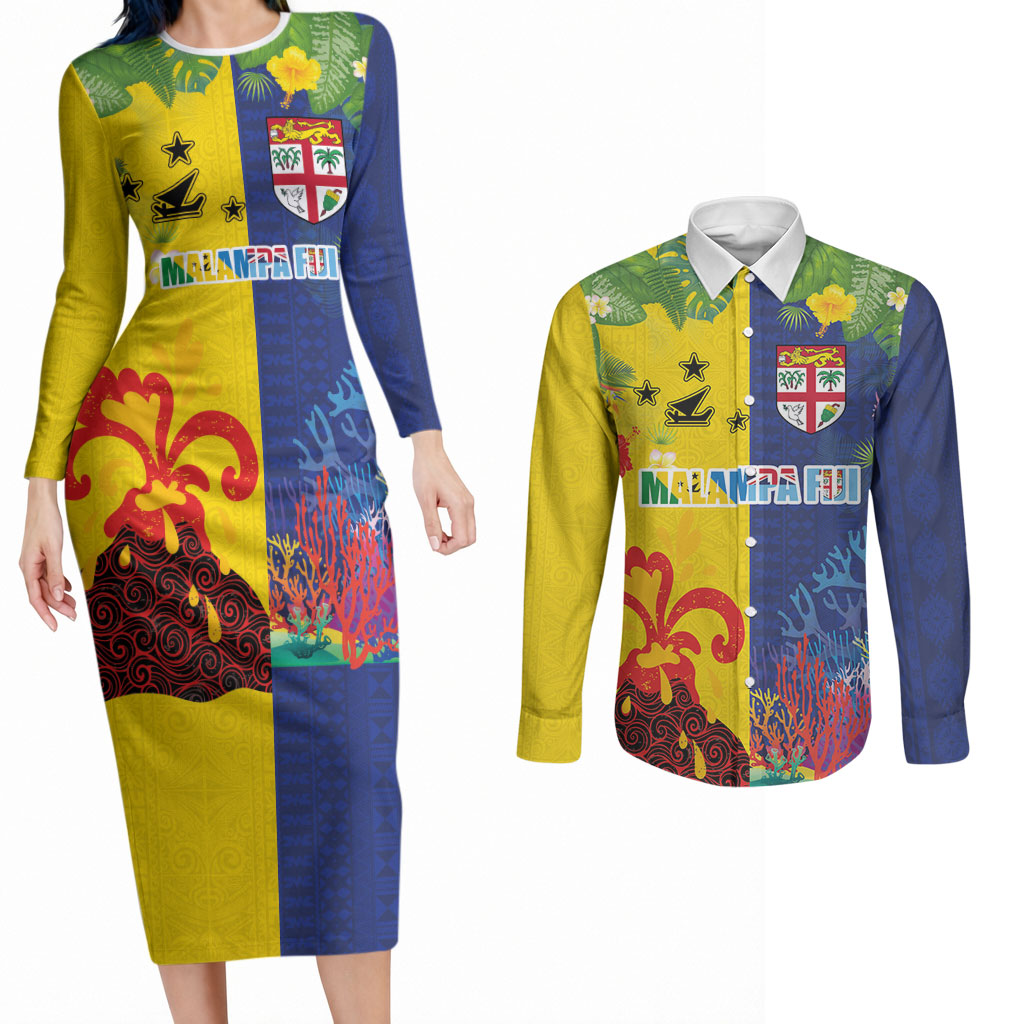 Malampa Fiji Day Couples Matching Long Sleeve Bodycon Dress and Long Sleeve Button Shirt Volcano and Coral Reef with Culture Patterns Split Style