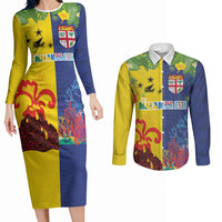 Malampa Fiji Day Couples Matching Long Sleeve Bodycon Dress and Long Sleeve Button Shirt Volcano and Coral Reef with Culture Patterns Split Style