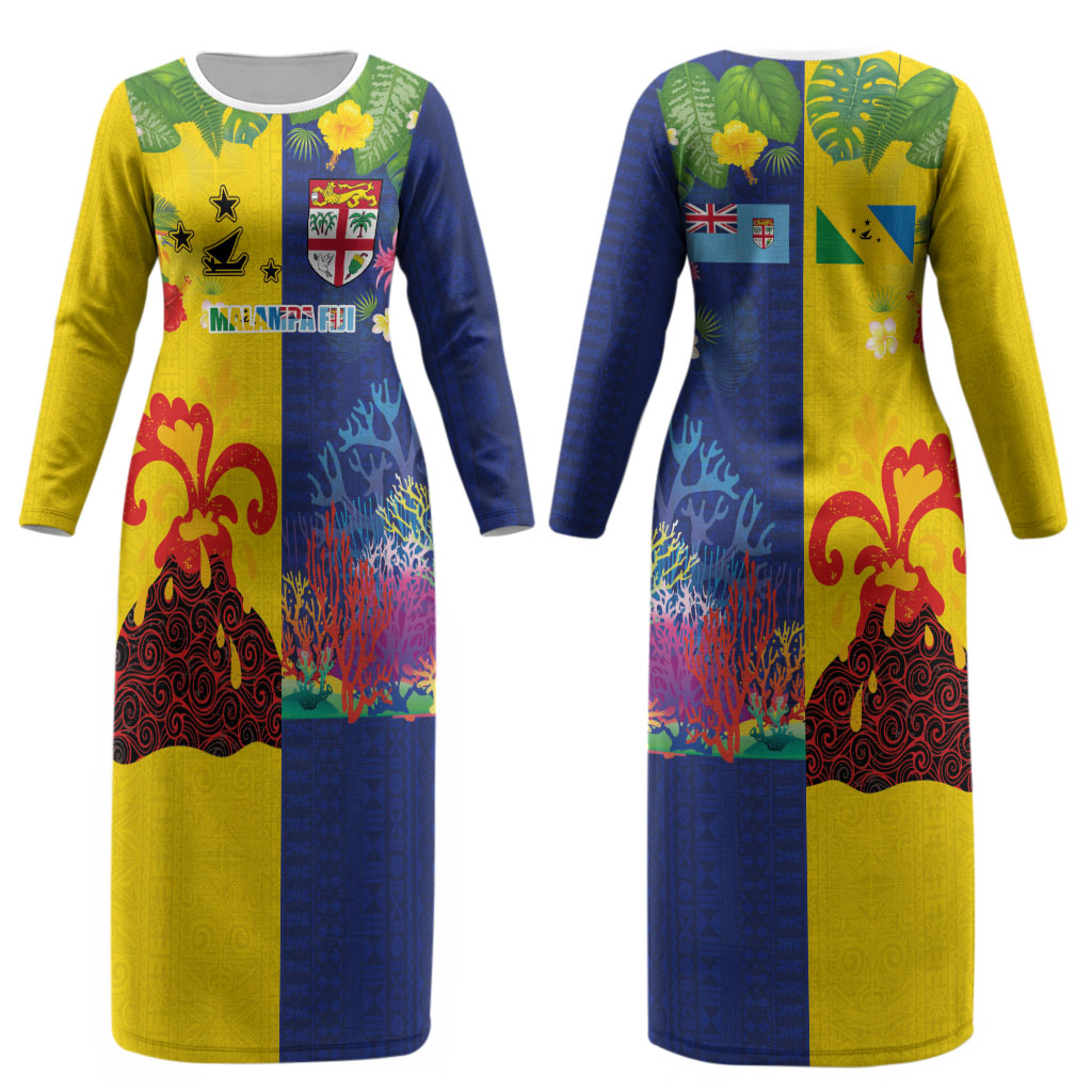Malampa Fiji Day Couples Matching Long Sleeve Bodycon Dress and Long Sleeve Button Shirt Volcano and Coral Reef with Culture Patterns Split Style