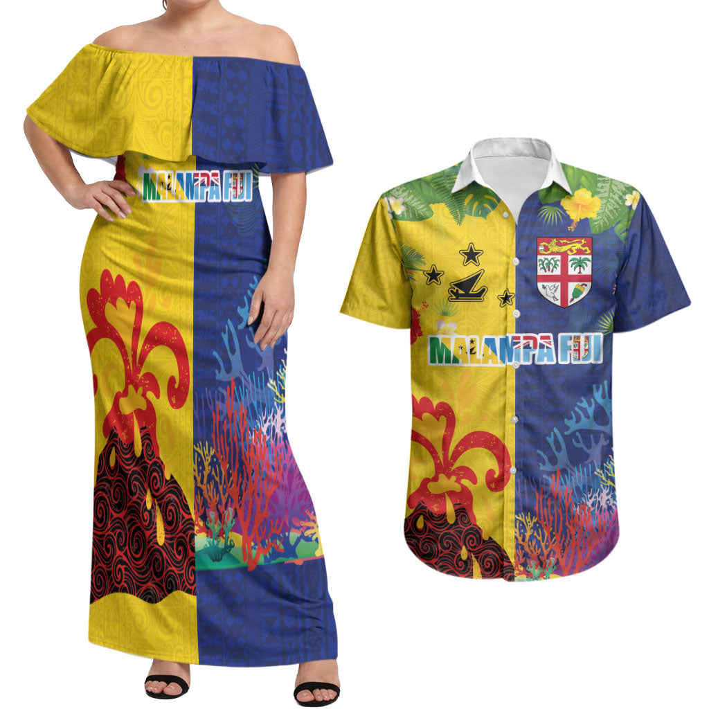 Malampa Fiji Day Couples Matching Off Shoulder Maxi Dress and Hawaiian Shirt Volcano and Coral Reef with Culture Patterns Split Style