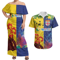 Malampa Fiji Day Couples Matching Off Shoulder Maxi Dress and Hawaiian Shirt Volcano and Coral Reef with Culture Patterns Split Style
