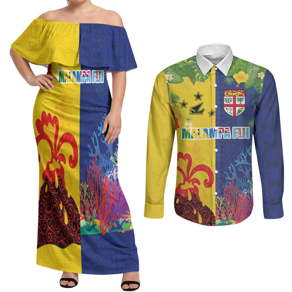Malampa Fiji Day Couples Matching Off Shoulder Maxi Dress and Long Sleeve Button Shirt Volcano and Coral Reef with Culture Patterns Split Style