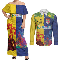 Malampa Fiji Day Couples Matching Off Shoulder Maxi Dress and Long Sleeve Button Shirt Volcano and Coral Reef with Culture Patterns Split Style