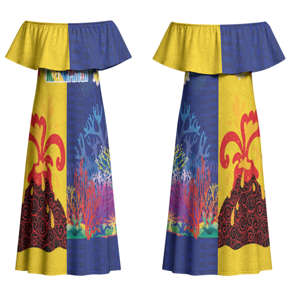 Malampa Fiji Day Couples Matching Off Shoulder Maxi Dress and Long Sleeve Button Shirt Volcano and Coral Reef with Culture Patterns Split Style