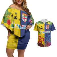 Malampa Fiji Day Couples Matching Off Shoulder Short Dress and Hawaiian Shirt Volcano and Coral Reef with Culture Patterns Split Style