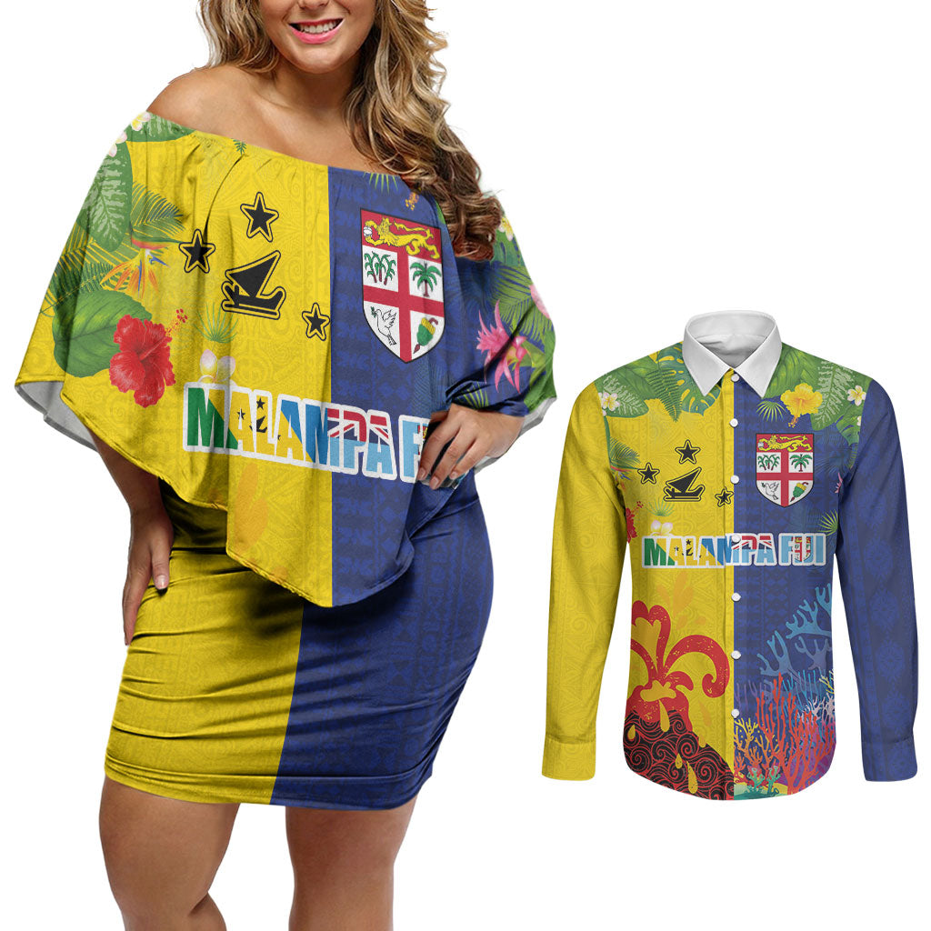 Malampa Fiji Day Couples Matching Off Shoulder Short Dress and Long Sleeve Button Shirt Volcano and Coral Reef with Culture Patterns Split Style