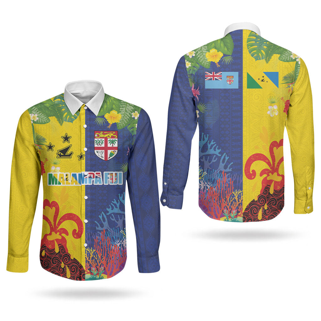 Malampa Fiji Day Couples Matching Off Shoulder Short Dress and Long Sleeve Button Shirt Volcano and Coral Reef with Culture Patterns Split Style