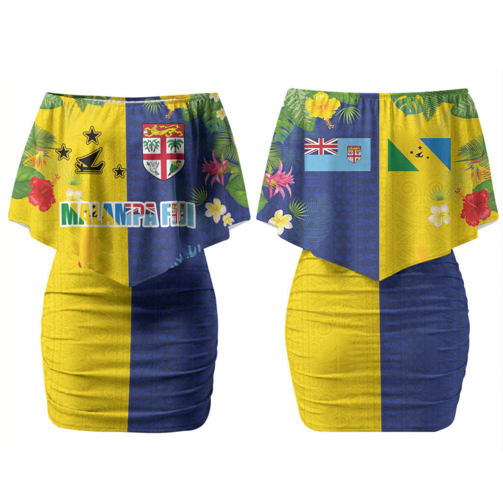 Malampa Fiji Day Couples Matching Off Shoulder Short Dress and Long Sleeve Button Shirt Volcano and Coral Reef with Culture Patterns Split Style