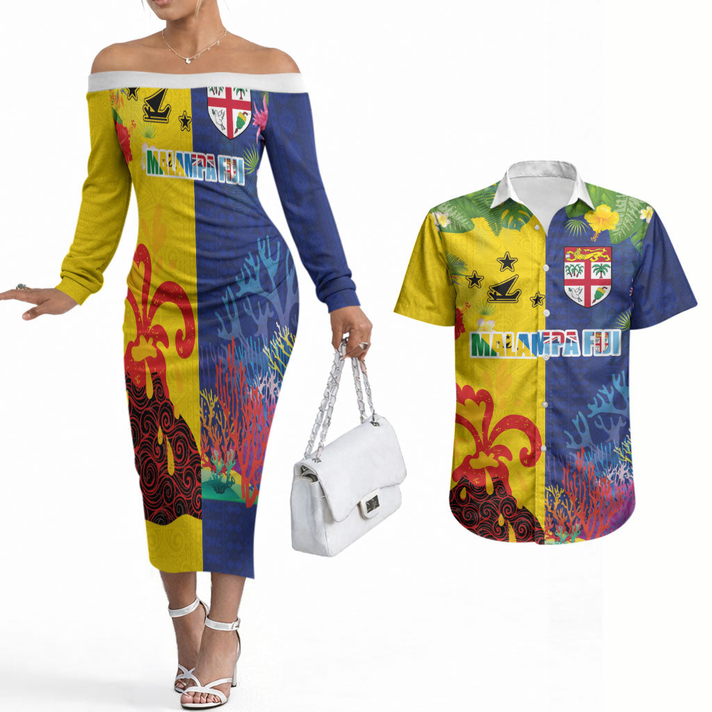 Malampa Fiji Day Couples Matching Off The Shoulder Long Sleeve Dress and Hawaiian Shirt Volcano and Coral Reef with Culture Patterns Split Style