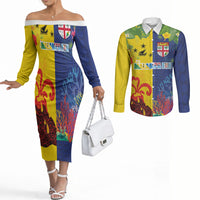 Malampa Fiji Day Couples Matching Off The Shoulder Long Sleeve Dress and Long Sleeve Button Shirt Volcano and Coral Reef with Culture Patterns Split Style