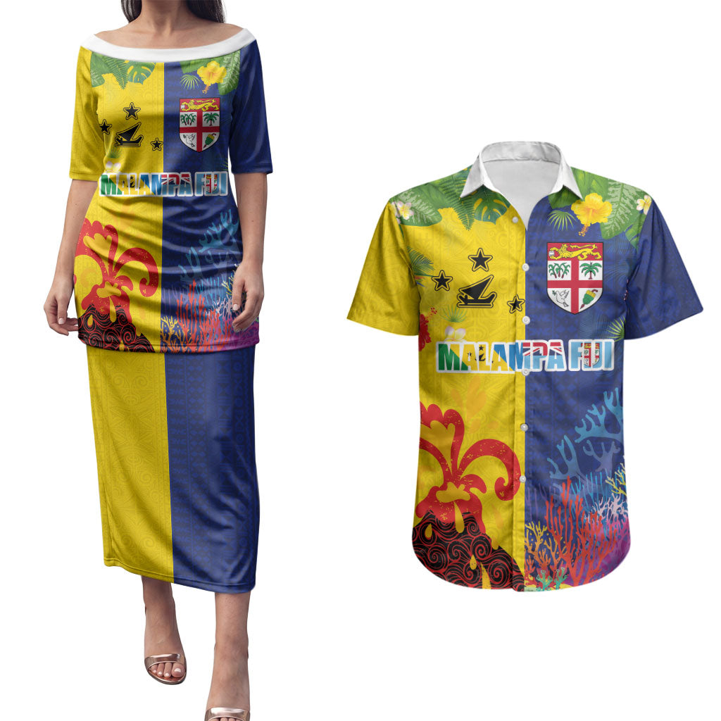Malampa Fiji Day Couples Matching Puletasi and Hawaiian Shirt Volcano and Coral Reef with Culture Patterns Split Style