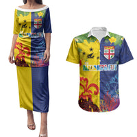 Malampa Fiji Day Couples Matching Puletasi and Hawaiian Shirt Volcano and Coral Reef with Culture Patterns Split Style