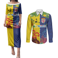 Malampa Fiji Day Couples Matching Puletasi and Long Sleeve Button Shirt Volcano and Coral Reef with Culture Patterns Split Style