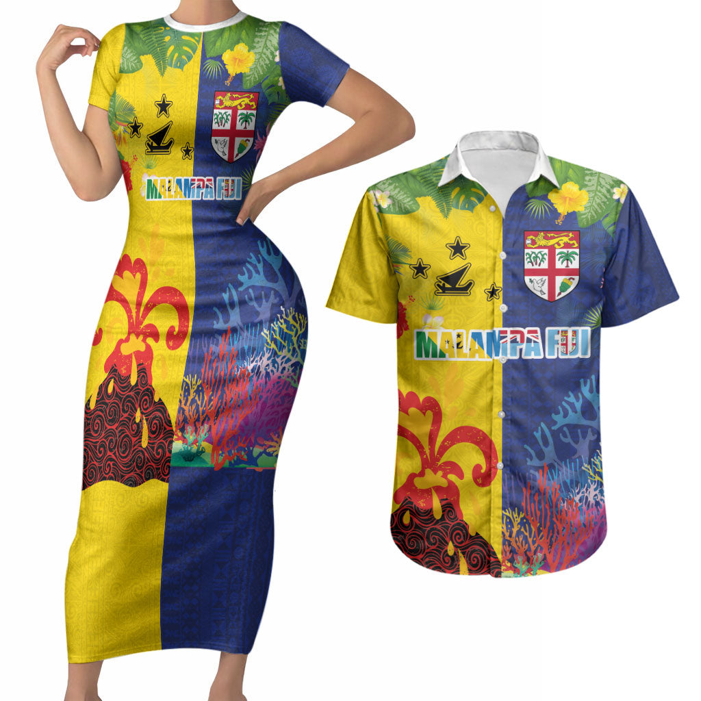 Malampa Fiji Day Couples Matching Short Sleeve Bodycon Dress and Hawaiian Shirt Volcano and Coral Reef with Culture Patterns Split Style