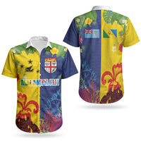 Malampa Fiji Day Couples Matching Short Sleeve Bodycon Dress and Hawaiian Shirt Volcano and Coral Reef with Culture Patterns Split Style