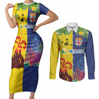 Malampa Fiji Day Couples Matching Short Sleeve Bodycon Dress and Long Sleeve Button Shirt Volcano and Coral Reef with Culture Patterns Split Style