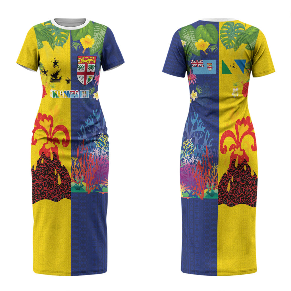 Malampa Fiji Day Couples Matching Short Sleeve Bodycon Dress and Long Sleeve Button Shirt Volcano and Coral Reef with Culture Patterns Split Style