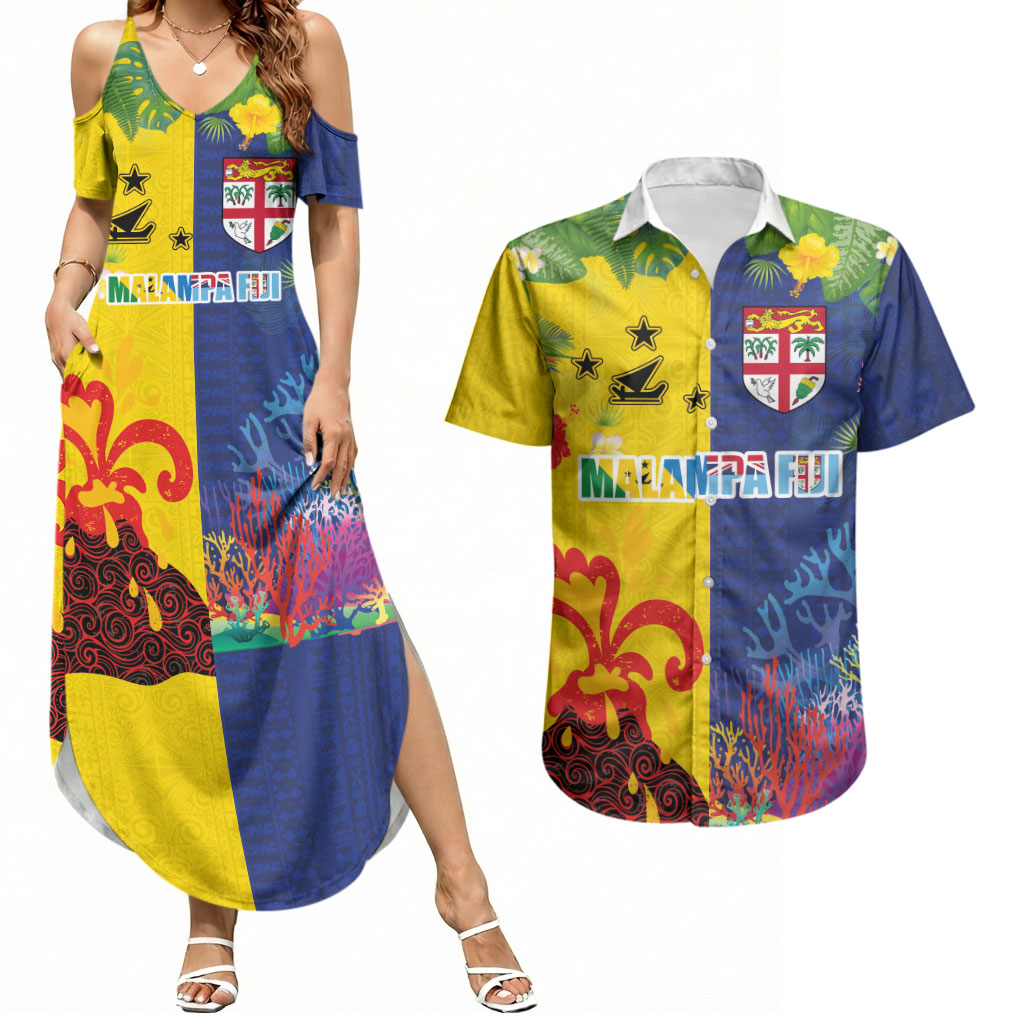 Malampa Fiji Day Couples Matching Summer Maxi Dress and Hawaiian Shirt Volcano and Coral Reef with Culture Patterns Split Style