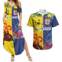 Malampa Fiji Day Couples Matching Summer Maxi Dress and Hawaiian Shirt Volcano and Coral Reef with Culture Patterns Split Style