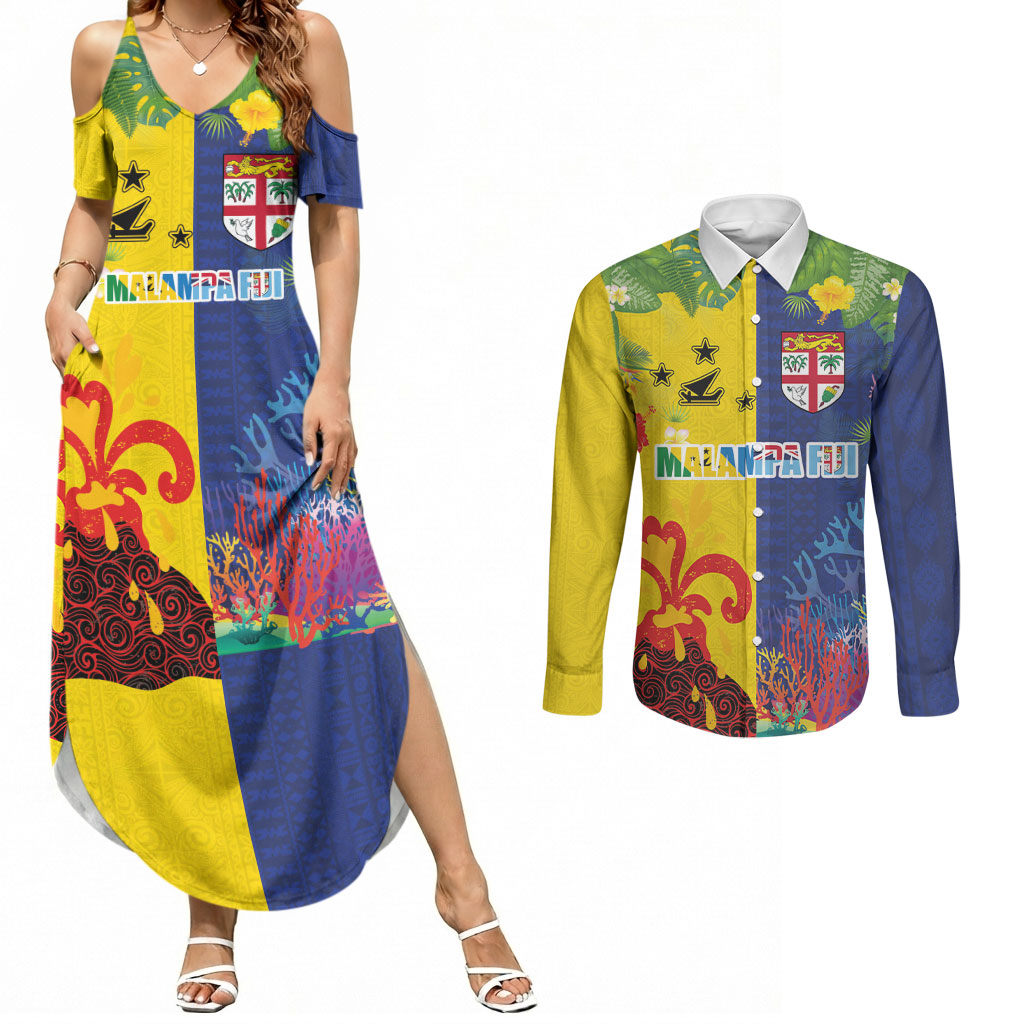 Malampa Fiji Day Couples Matching Summer Maxi Dress and Long Sleeve Button Shirt Volcano and Coral Reef with Culture Patterns Split Style