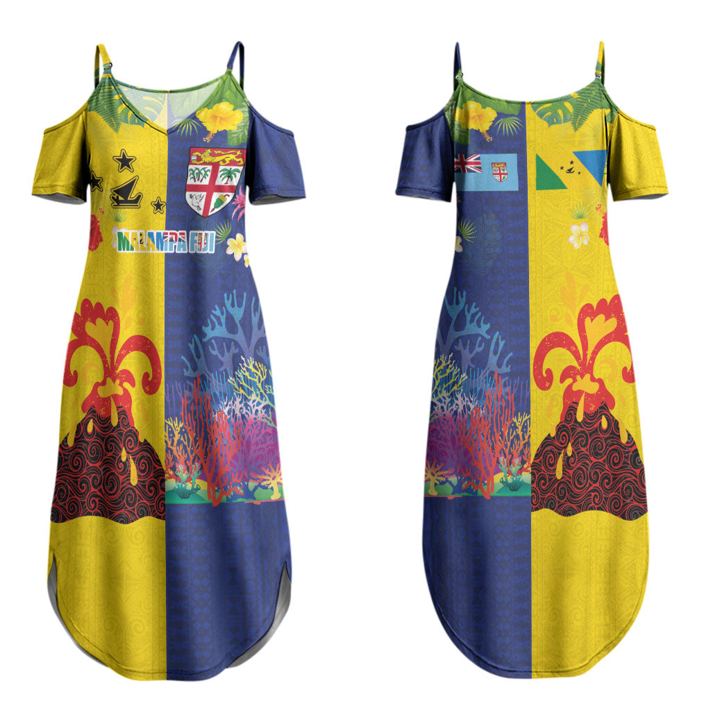 Malampa Fiji Day Couples Matching Summer Maxi Dress and Long Sleeve Button Shirt Volcano and Coral Reef with Culture Patterns Split Style