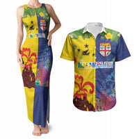 Malampa Fiji Day Couples Matching Tank Maxi Dress and Hawaiian Shirt Volcano and Coral Reef with Culture Patterns Split Style