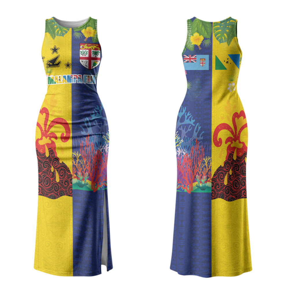 Malampa Fiji Day Couples Matching Tank Maxi Dress and Hawaiian Shirt Volcano and Coral Reef with Culture Patterns Split Style