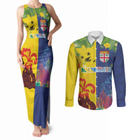 Malampa Fiji Day Couples Matching Tank Maxi Dress and Long Sleeve Button Shirt Volcano and Coral Reef with Culture Patterns Split Style