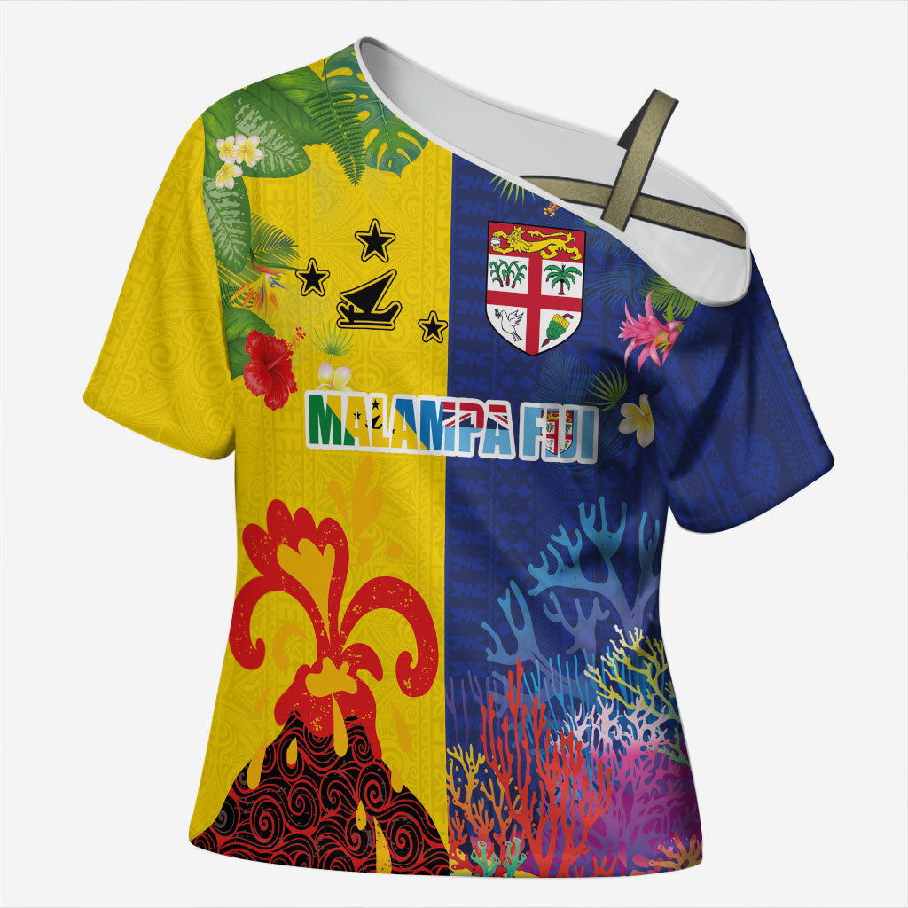 Malampa Fiji Day Cross Shoulder Shirt Volcano and Coral Reef with Culture Patterns Split Style