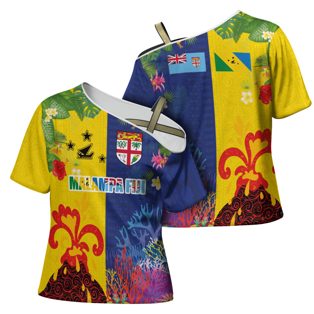 Malampa Fiji Day Cross Shoulder Shirt Volcano and Coral Reef with Culture Patterns Split Style