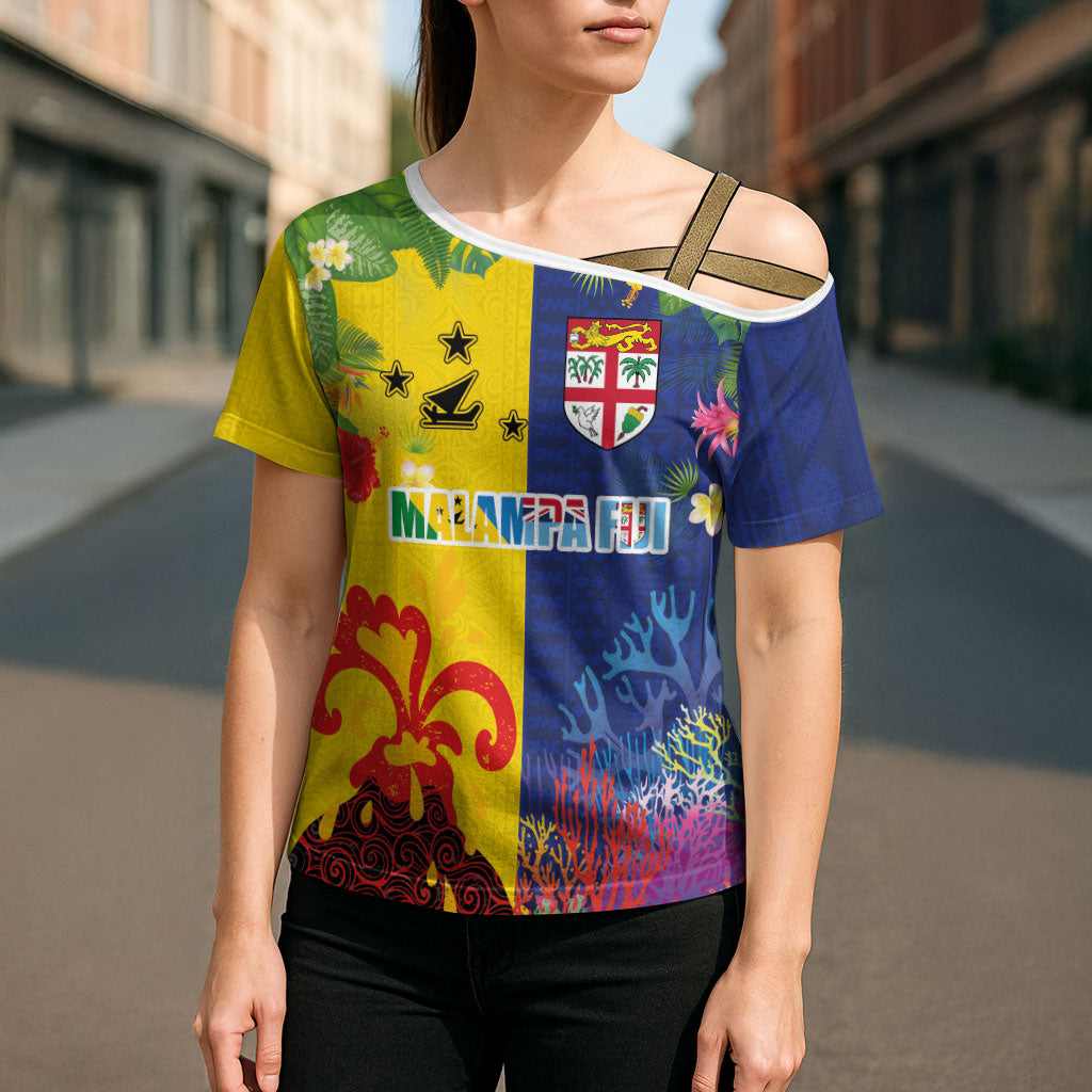 Malampa Fiji Day Cross Shoulder Shirt Volcano and Coral Reef with Culture Patterns Split Style