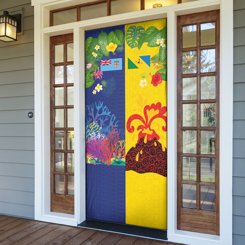Malampa Fiji Day Door Cover Volcano and Coral Reef with Culture Patterns Split Style