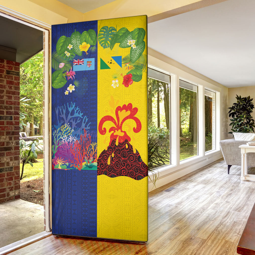 Malampa Fiji Day Door Cover Volcano and Coral Reef with Culture Patterns Split Style