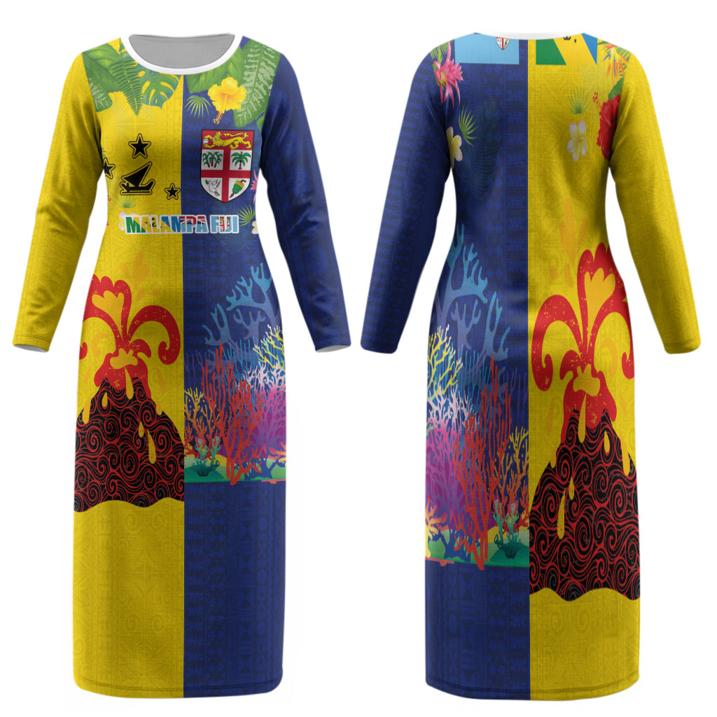 Malampa Fiji Day Family Matching Long Sleeve Bodycon Dress and Hawaiian Shirt Volcano and Coral Reef with Culture Patterns Split Style