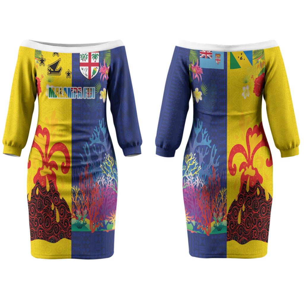 Malampa Fiji Day Family Matching Off The Shoulder Long Sleeve Dress and Hawaiian Shirt Volcano and Coral Reef with Culture Patterns Split Style