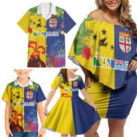Malampa Fiji Day Family Matching Off Shoulder Short Dress and Hawaiian Shirt Volcano and Coral Reef with Culture Patterns Split Style