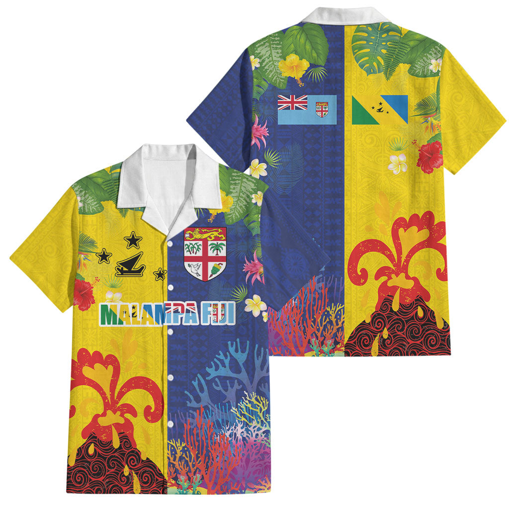 Malampa Fiji Day Family Matching Off Shoulder Short Dress and Hawaiian Shirt Volcano and Coral Reef with Culture Patterns Split Style