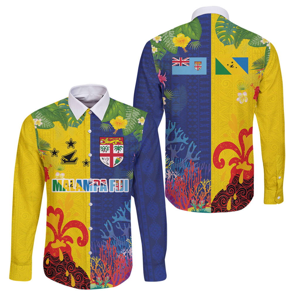 Malampa Fiji Day Family Matching Off Shoulder Short Dress and Hawaiian Shirt Volcano and Coral Reef with Culture Patterns Split Style
