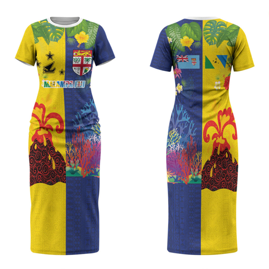 Malampa Fiji Day Family Matching Short Sleeve Bodycon Dress and Hawaiian Shirt Volcano and Coral Reef with Culture Patterns Split Style