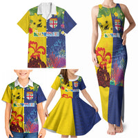 Malampa Fiji Day Family Matching Tank Maxi Dress and Hawaiian Shirt Volcano and Coral Reef with Culture Patterns Split Style