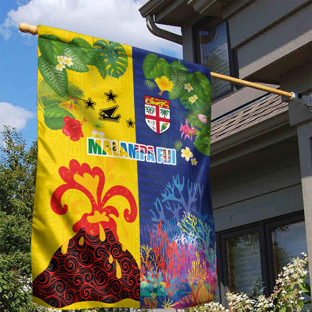 Malampa Fiji Day Garden Flag Volcano and Coral Reef with Culture Patterns Split Style
