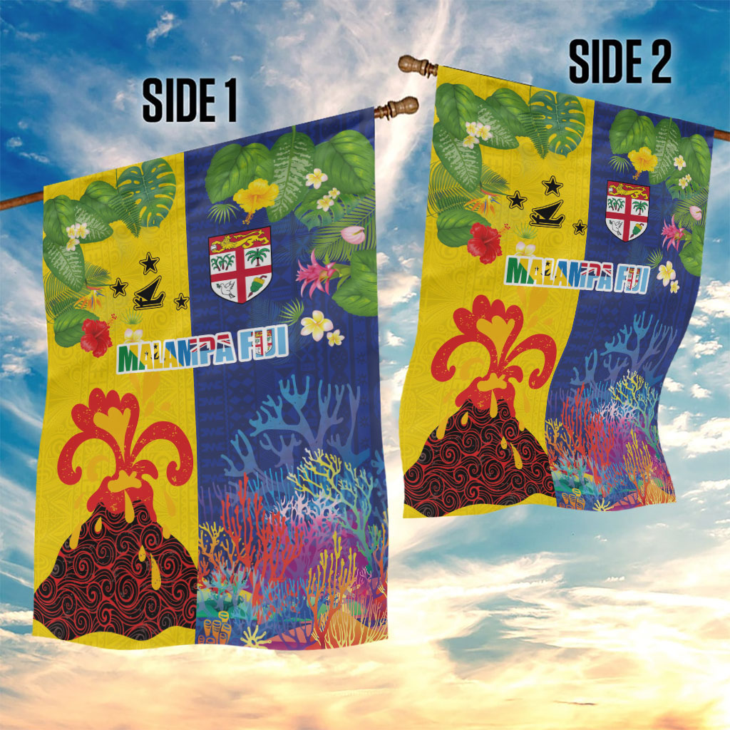 Malampa Fiji Day Garden Flag Volcano and Coral Reef with Culture Patterns Split Style