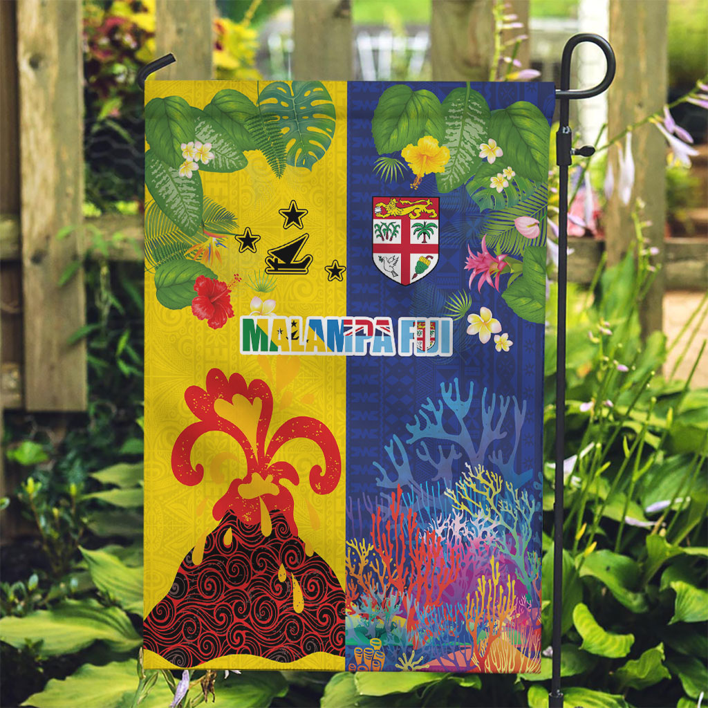 Malampa Fiji Day Garden Flag Volcano and Coral Reef with Culture Patterns Split Style