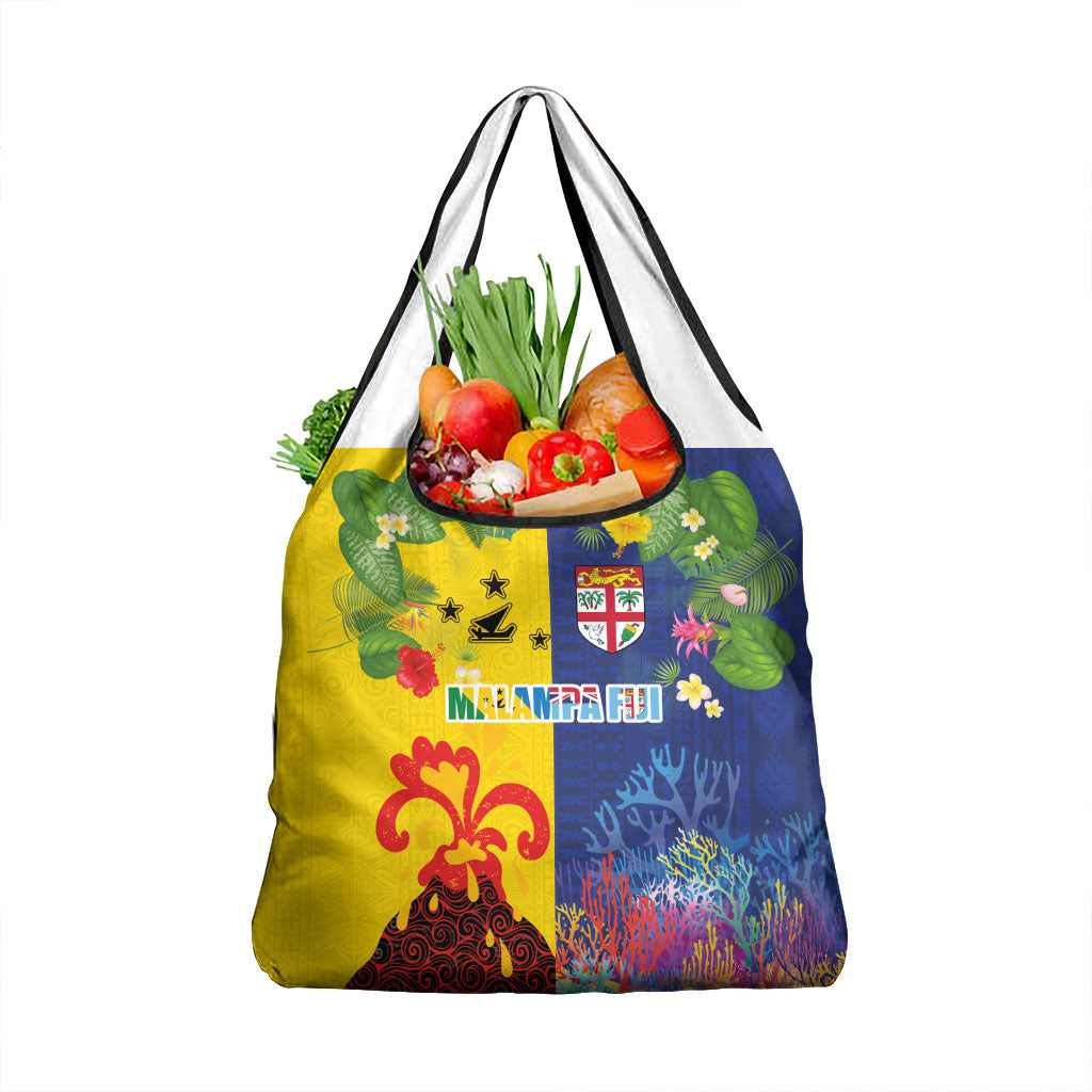 Malampa Fiji Day Grocery Bag Volcano and Coral Reef with Culture Patterns Split Style
