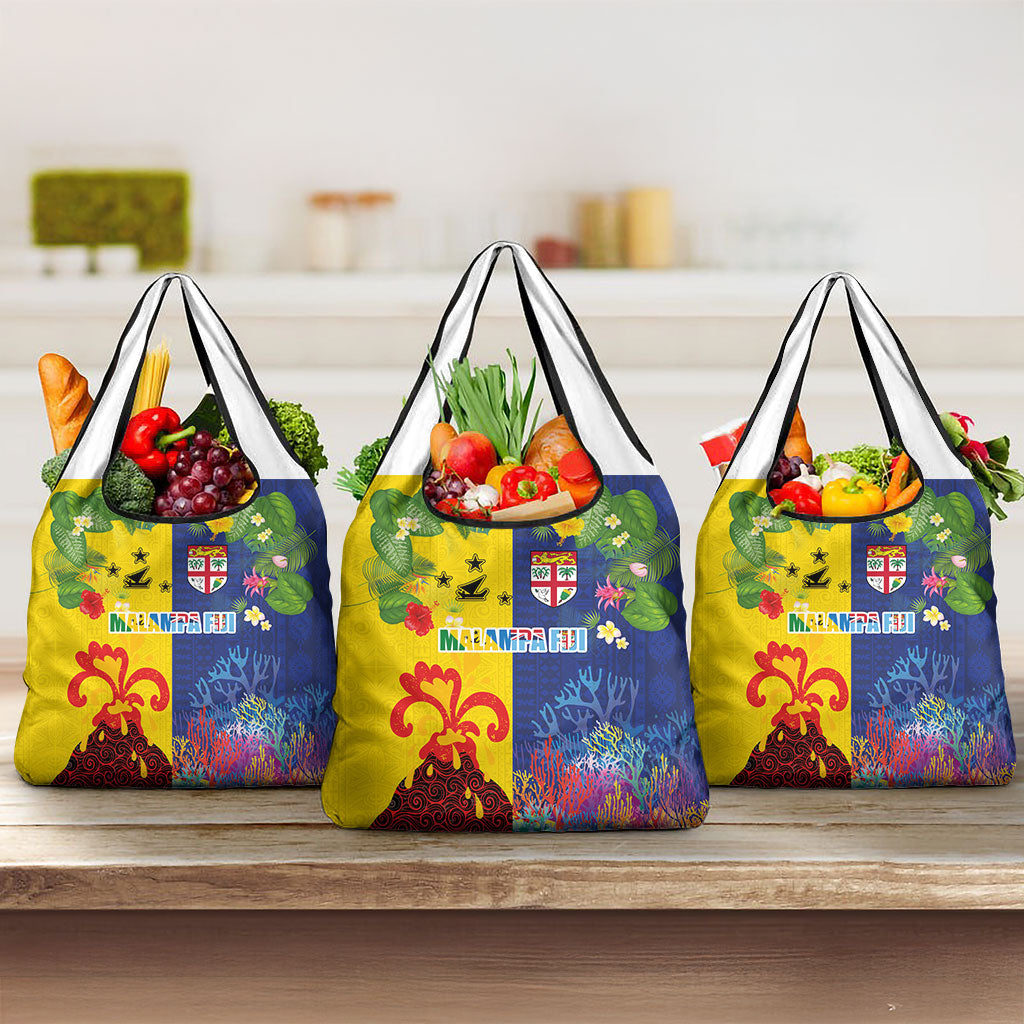 Malampa Fiji Day Grocery Bag Volcano and Coral Reef with Culture Patterns Split Style