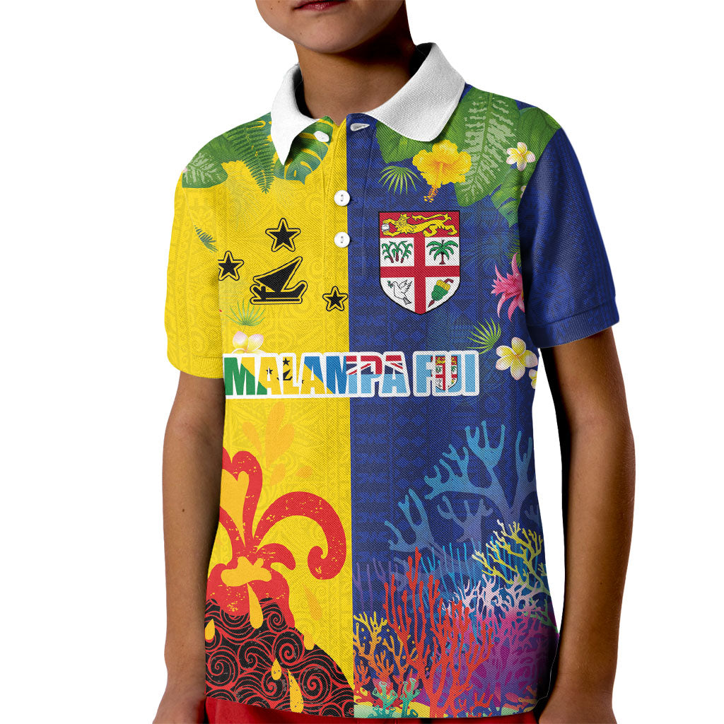 Malampa Fiji Day Kid Polo Shirt Volcano and Coral Reef with Culture Patterns Split Style